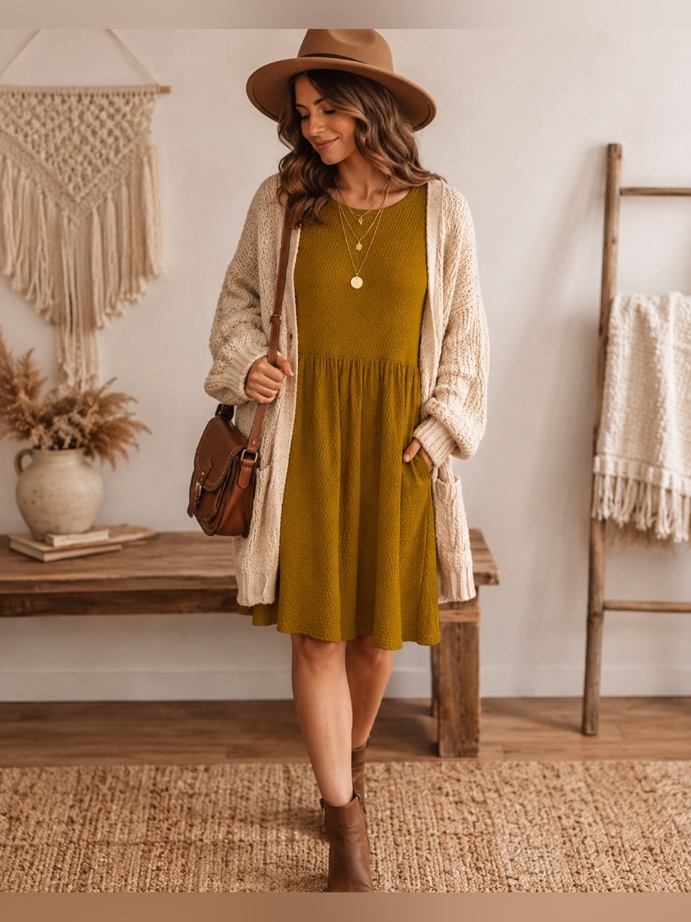 Gilli Women's Short Sleeve Babydoll Midi Dress Medium Textured Mustard Green